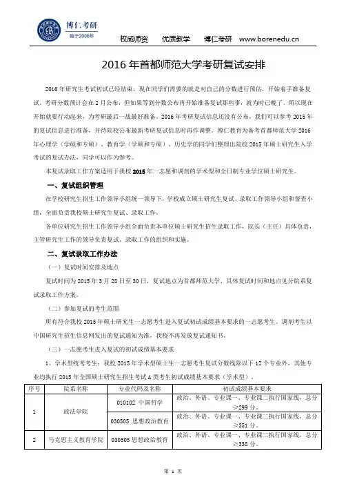 2016年首都师范大学考研复试安排