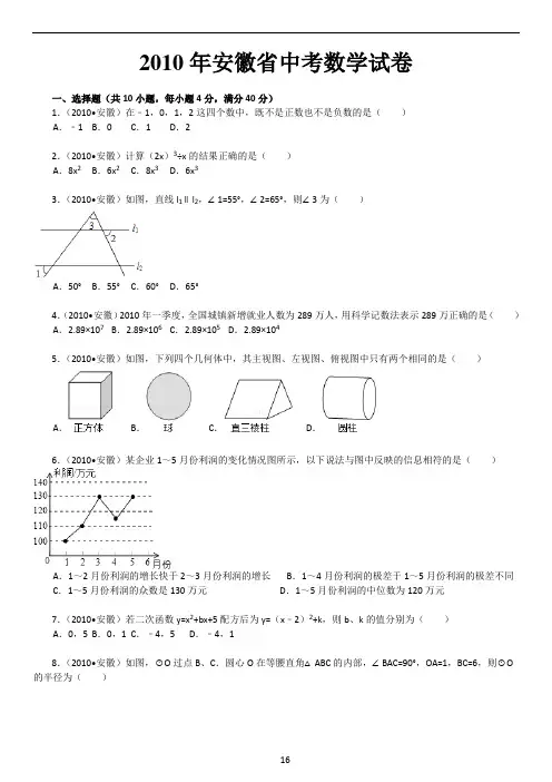 2010年安徽中考数学试题及答案(解析版)