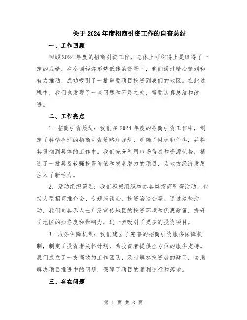 关于2024年度招商引资工作的自查总结