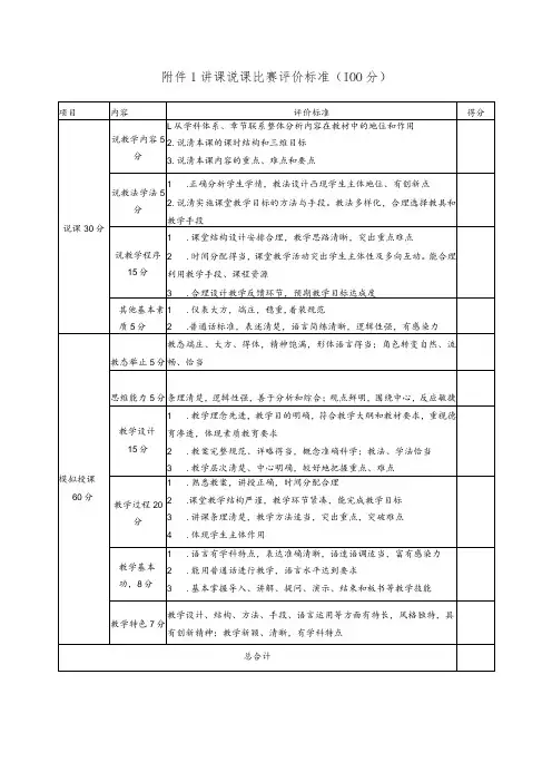 讲课说课比赛评价标准100分