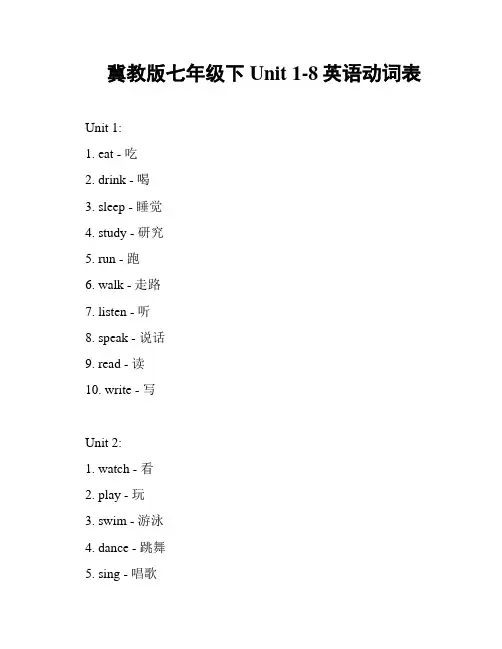冀教版七年级下Unit 1-8英语动词表