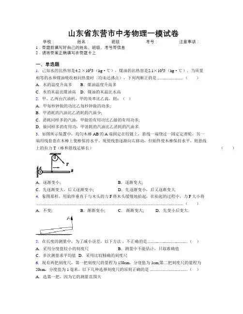 最新山东省东营市中考物理一模试卷及解析