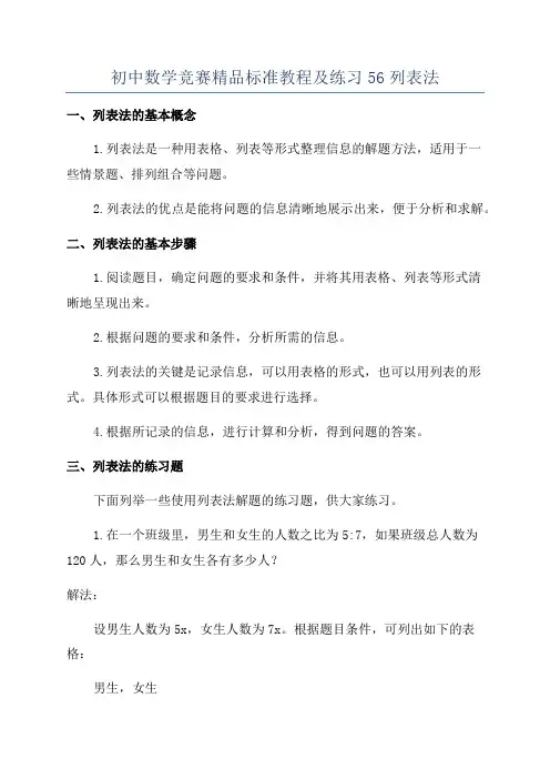 初中数学竞赛精品标准教程及练习56列表法