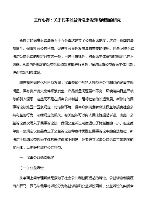 工作心得：关于民事公益诉讼原告资格问题的研究