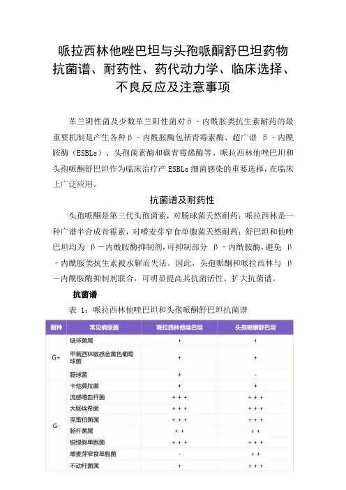 哌拉西林他唑巴坦与头孢哌酮舒巴坦药物抗菌谱、耐药性、药代动力学、临床选择、不良反应及注意事项