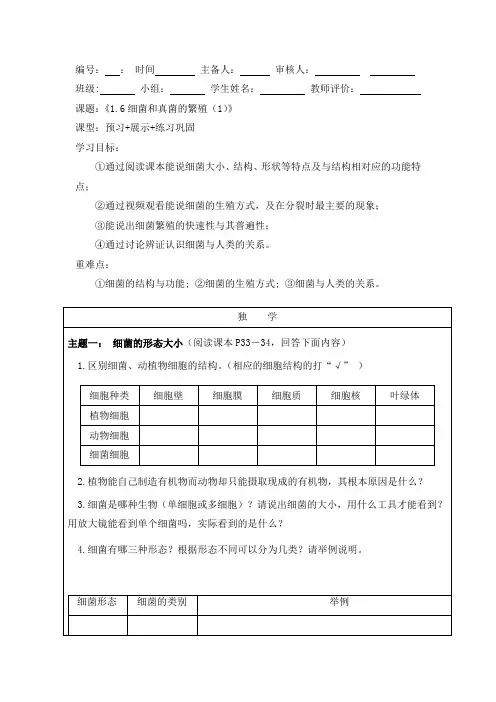 浙教版科学七下1.6 细菌和真菌的繁殖(1)教案设计