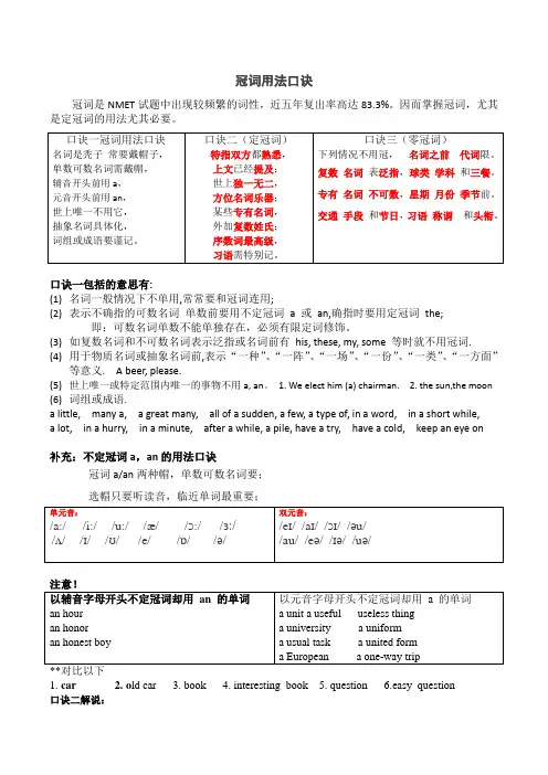 冠词用法口诀和解释 附习题和答案详解