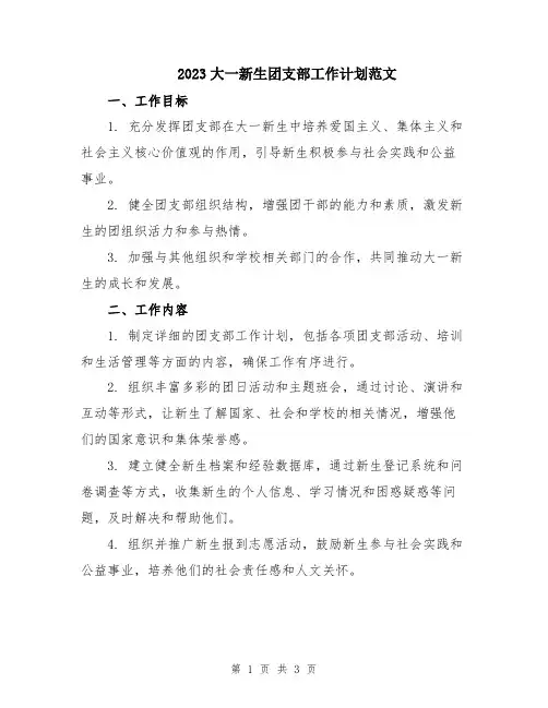 2023大一新生团支部工作计划范文