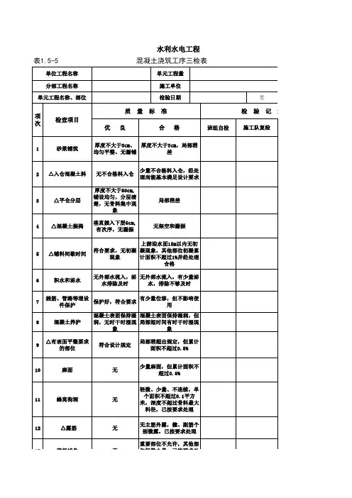 混凝土浇筑工序三检表