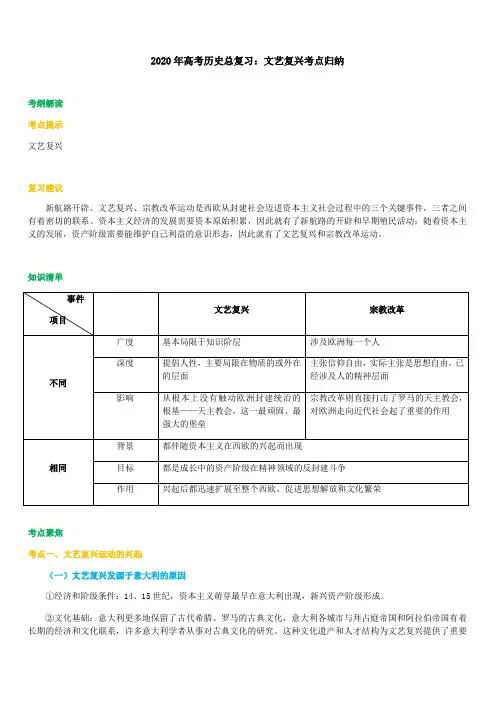 2020年高考历史总复习：文艺复兴考点归纳带答案解析