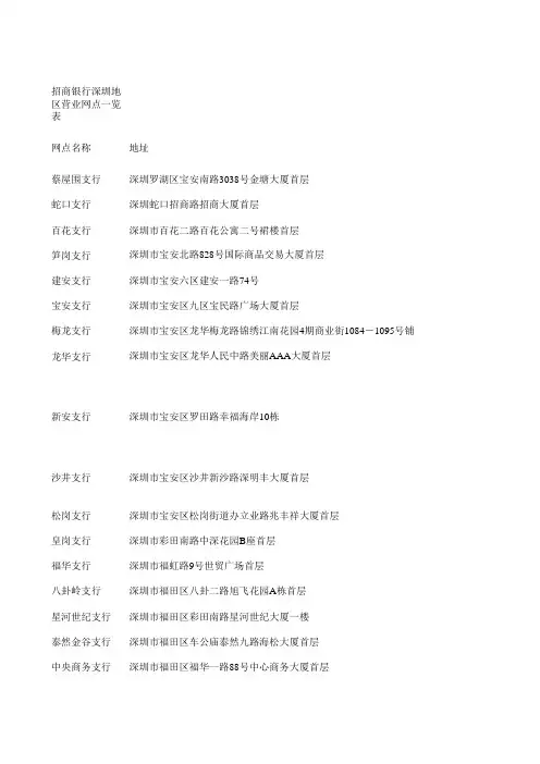 招商银行深圳地区营业网点一览表