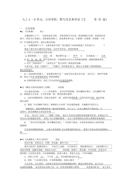 秋人教部编版九年级上册语文期中专题复习与练习古诗赏析、默写、名著导读《艾青诗选》