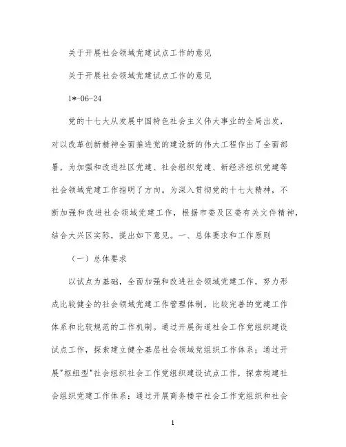 关于开展社会领域党建试点工作的意见