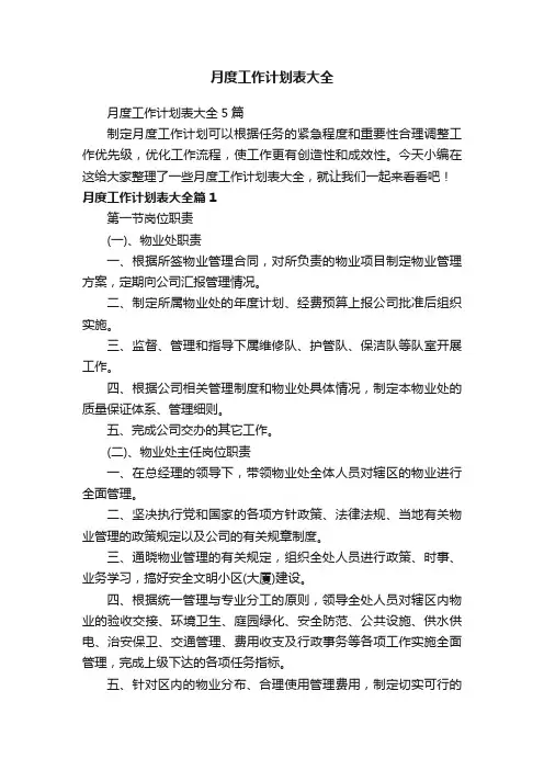 月度工作计划表大全5篇