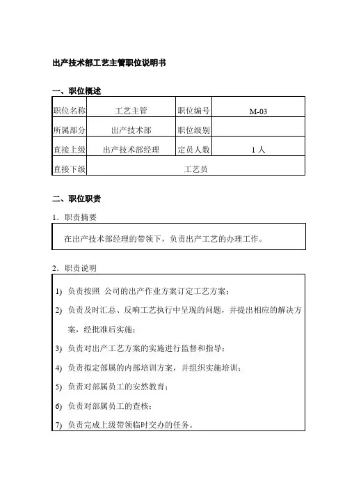 生产技术部工艺主管职位说明书