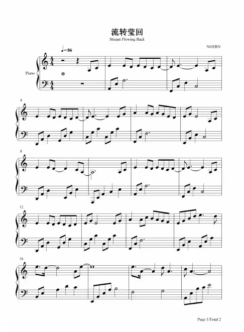 钢琴谱 流转莹回-C调简单版-遇龙片尾曲 五线谱_共2张(全)