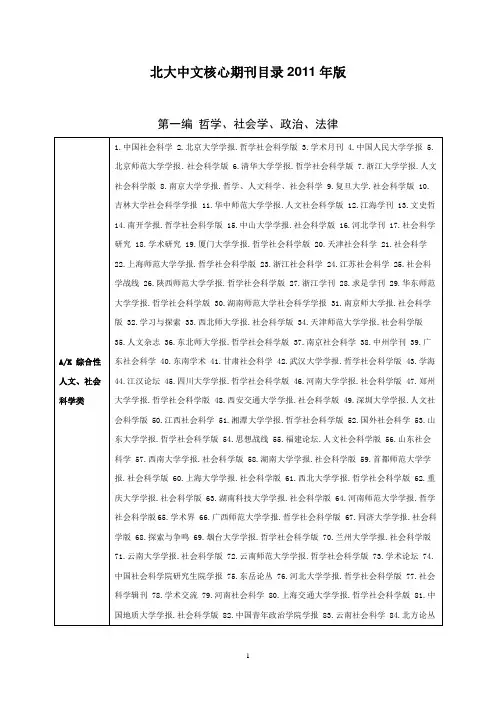 北大中文核心期刊目录2011年版