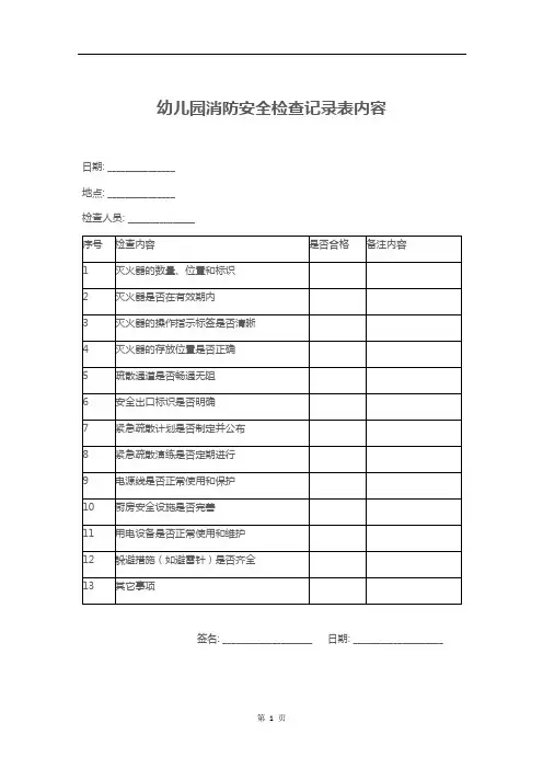 幼儿园消防安全检查记录表内容