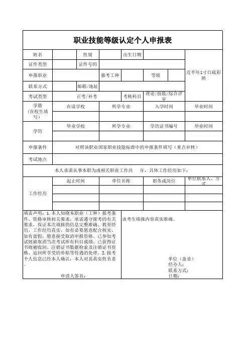 职业技能等级认定个人申报表