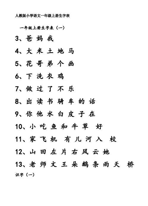 人教版小学语文一年级上册生字表.doc
