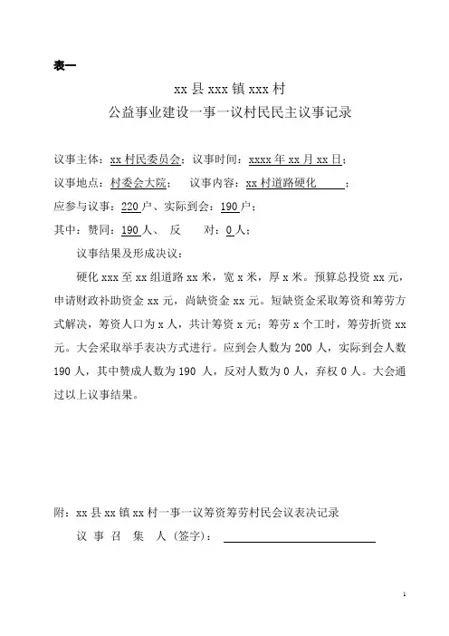 村级公益事业建设一事一议财政奖补项目标准文本(表一至二)