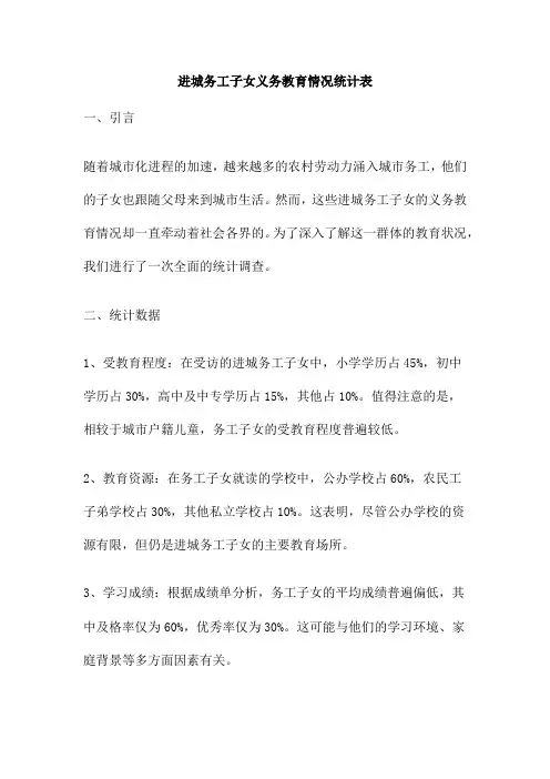 进城务工子女义务教育情况统计表