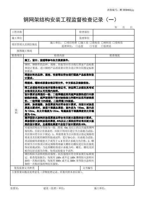 (4)钢网架结构安装工程监督检查记录