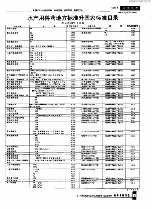 水产用兽药地方标准升国家标准目录(农业部627号公告)