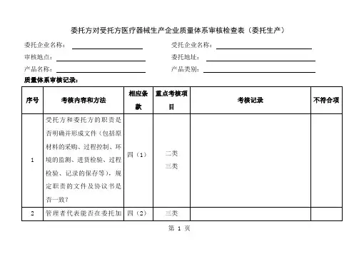 委托方对受托方医疗器械生产企业质量体系审核检查表(委托生产)