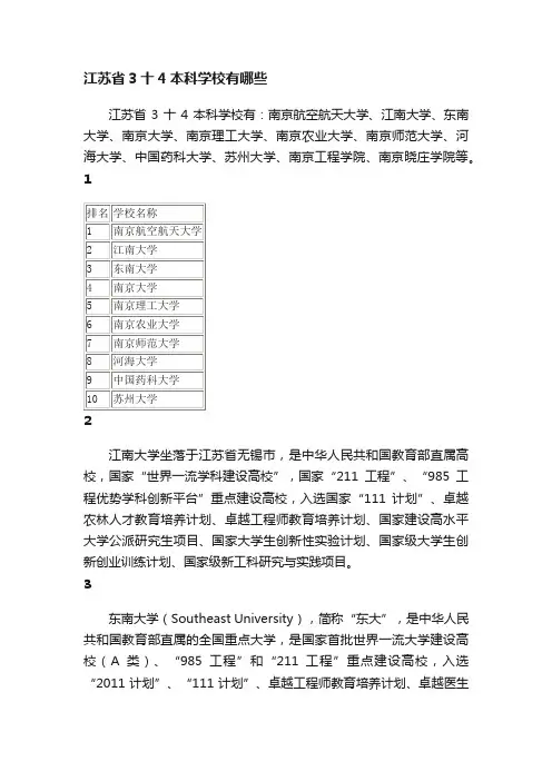 江苏省3十4本科学校有哪些