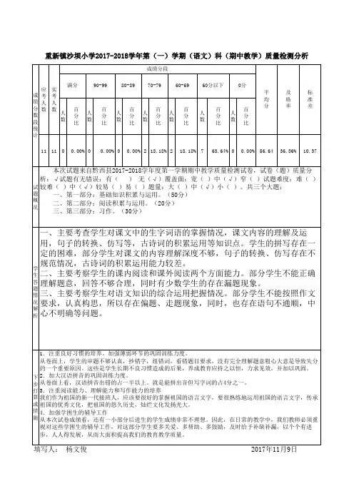 沙坝小学2017—2018学年度第一学期中教学质量检测成绩统计表、质量分析