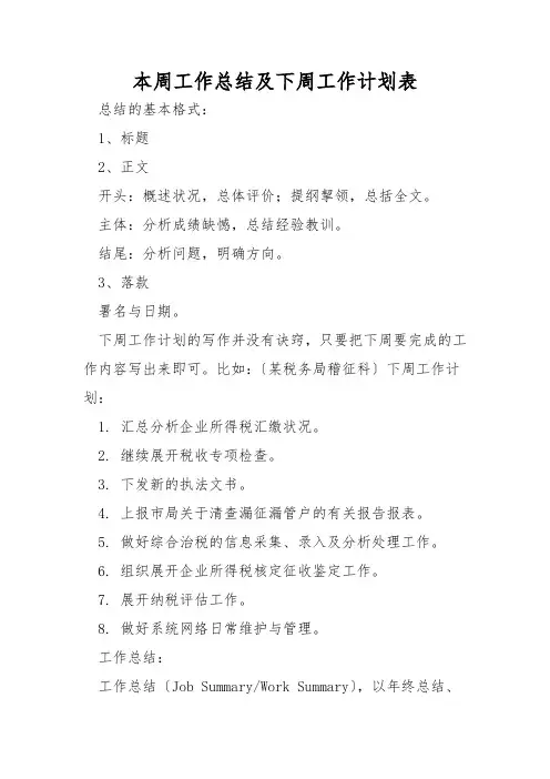 本周工作总结及下周工作计划表
