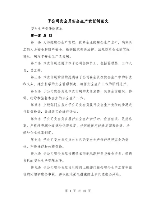 子公司安全员安全生产责任制范文（5篇）
