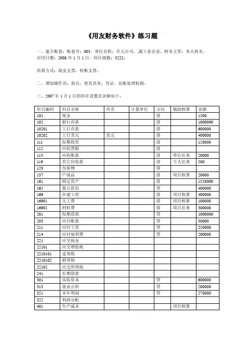 《用友财务软件》练习题