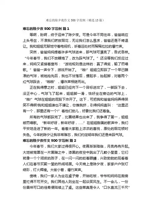难忘的除夕夜作文500字范例（精选13篇）