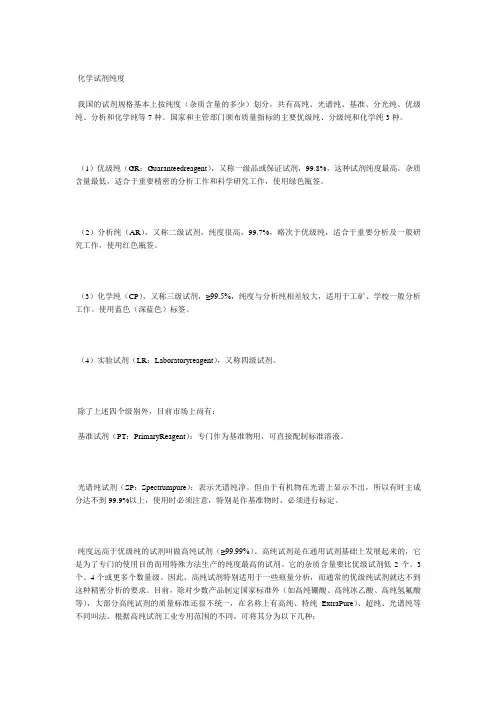 试剂纯度级别的划分