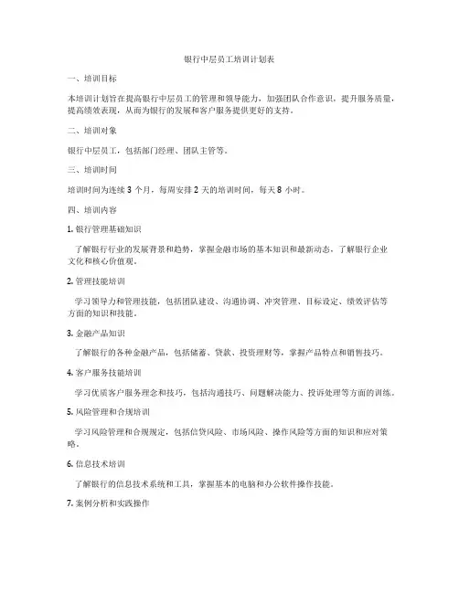 银行中层员工培训计划表