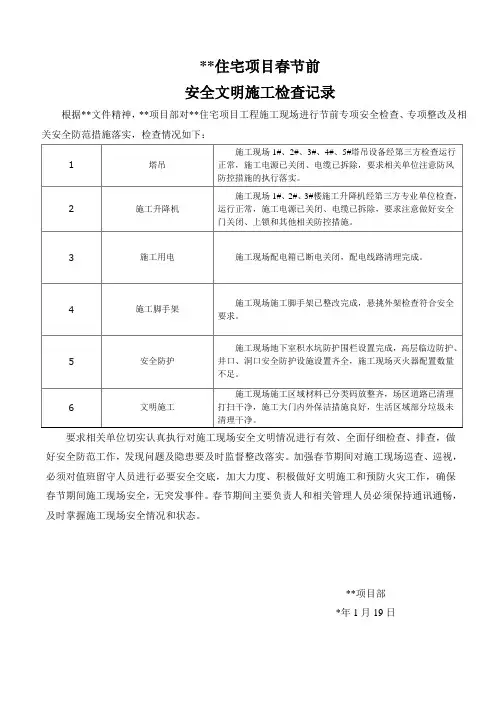 项目春节前安全文明施工检查记录