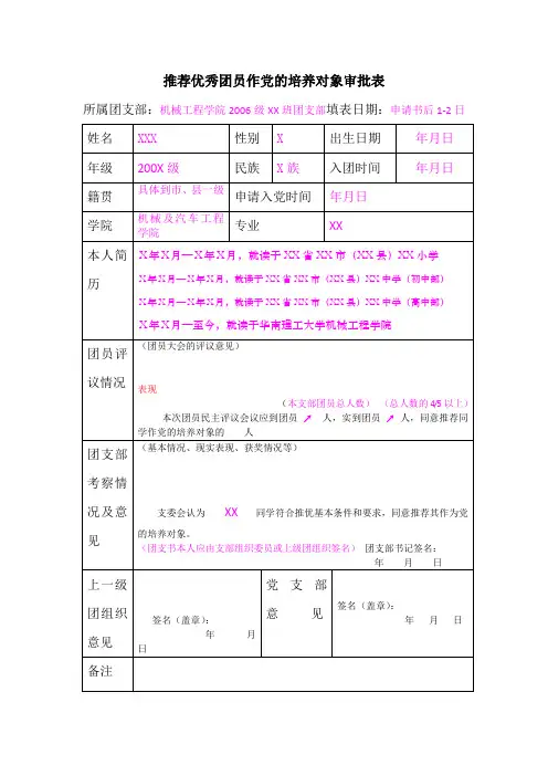 团员推优表模板