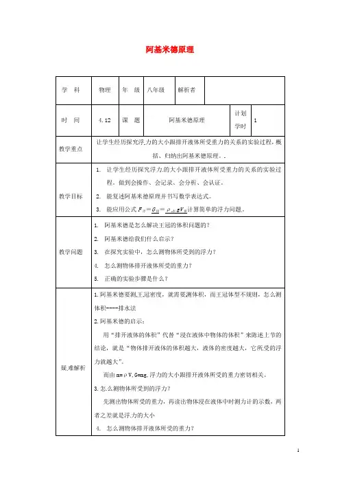 八年级物理下册10.2阿基米德教材解析清单(新版)新人教版