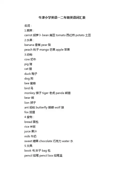 牛津小学英语一二年级英语词汇表