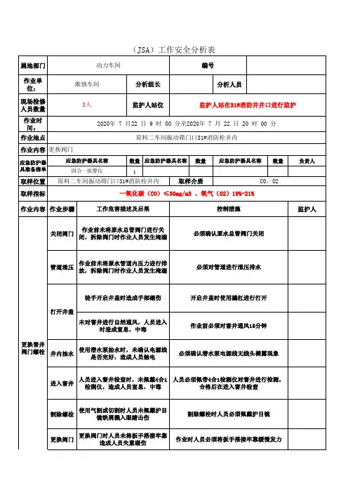 更换原水管道阀门(JSA)工作安全分析表