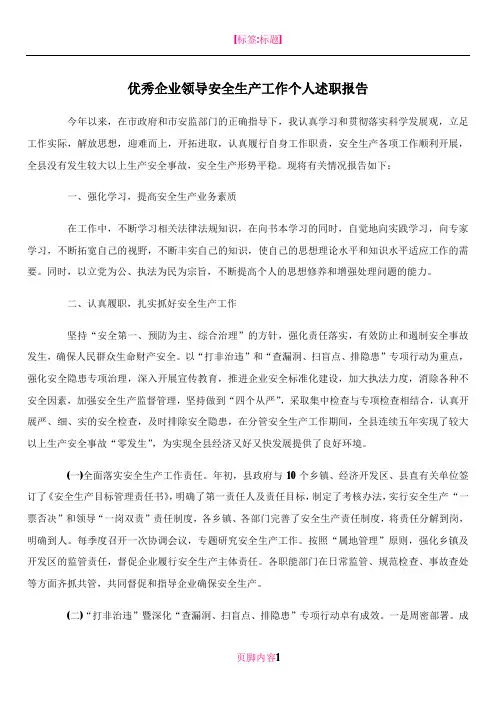 优秀企业领导安全生产工作个人述职报告