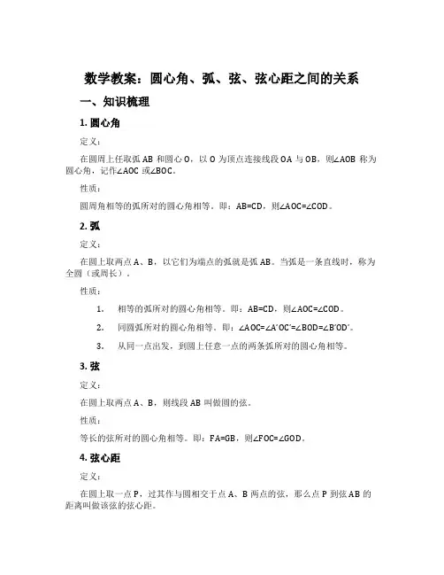 数学教案：圆心角、弧、弦、弦心距之间的关系