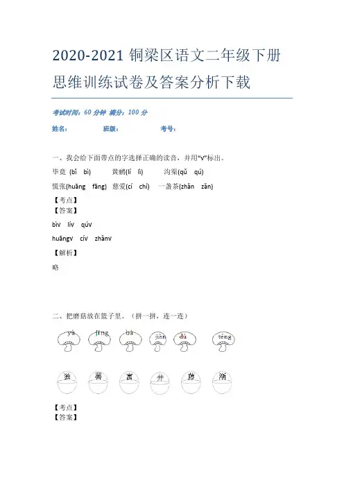 2020-2021铜梁区语文二年级下册思维训练试卷及答案分析下载