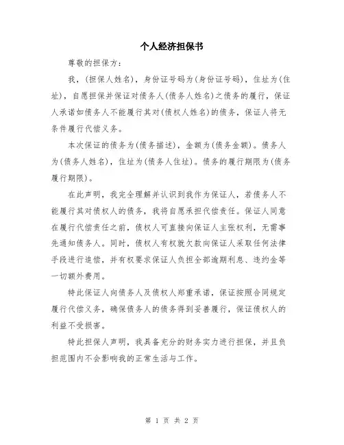 个人经济担保书