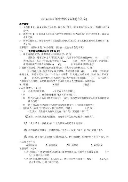 2019-2020年中考语文试题(有答案)