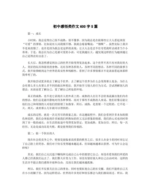 初中感悟类作文600字5篇