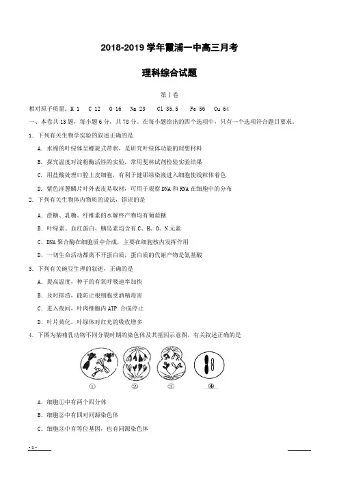 福建省霞浦第一中学2019届高三上学期第三次月考理科综合试题(附答案)