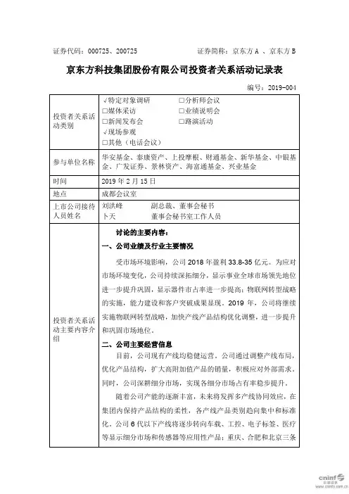 京东方科技集团股份有限公司投资者关系活动记录表